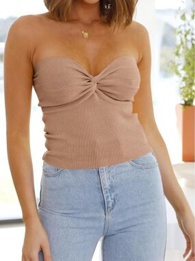 Strapless Twist-Front Ribbed Camisole - Beige